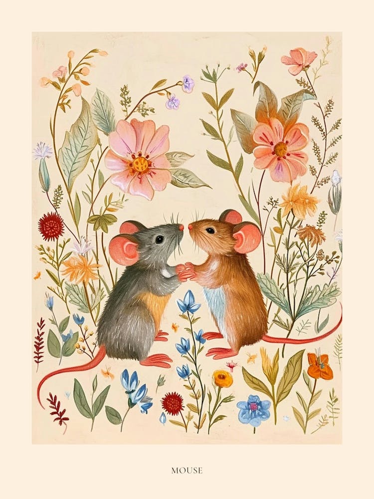 Dessin Animalier Floral Folk Souris 2 Affiche