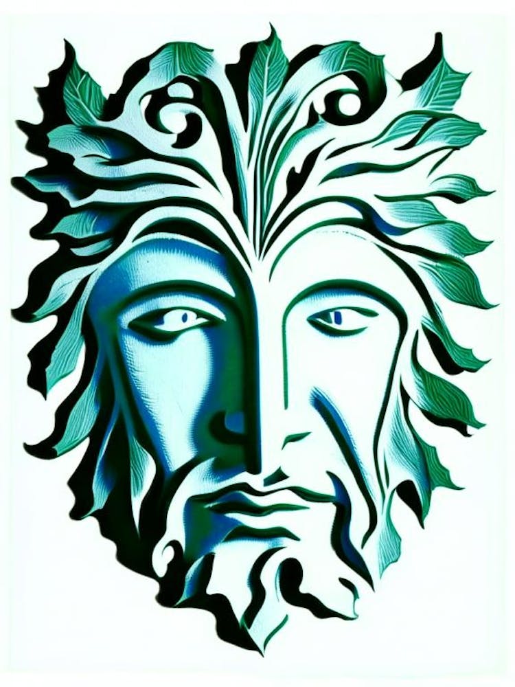 Green Man Symbol Blue And White Line Drawing