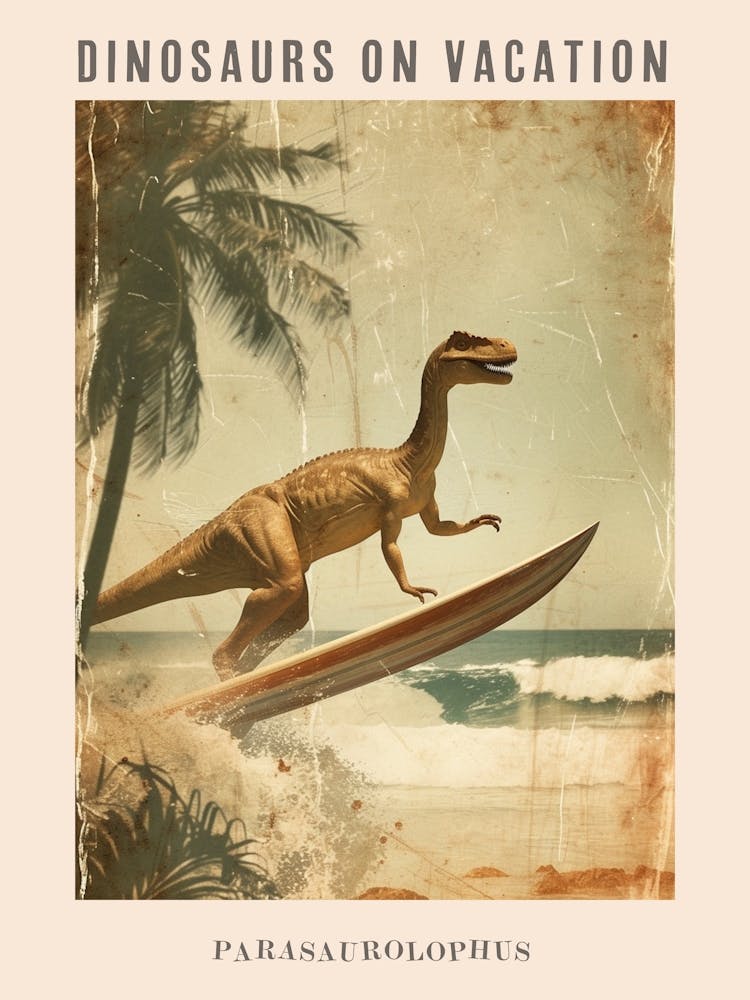 Vintage Parasaurolophus Dinosaurier Auf Einem Surfbrett 2 Poster
