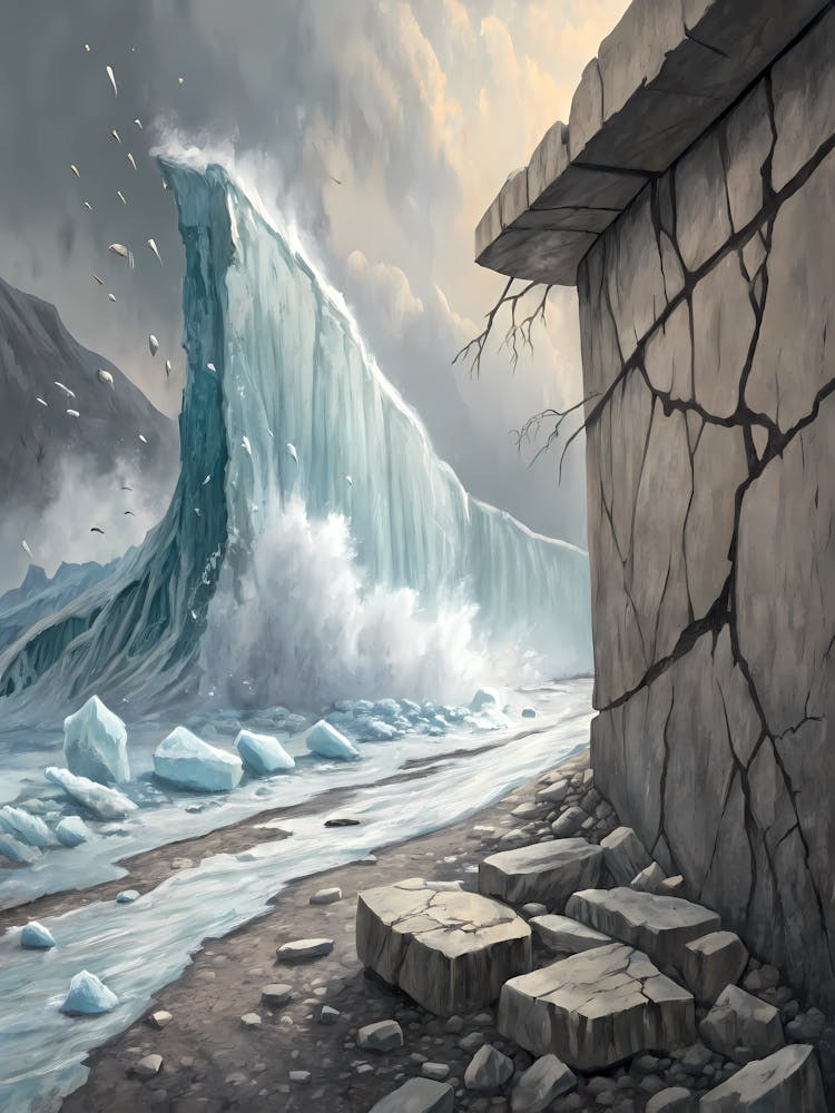 A Glacier Breaking Through a Cracked Wall Oil Painting Style
