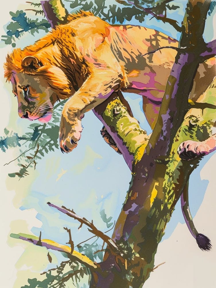 Transvaal Lion Climbing A Tree Fauvist Painting 1