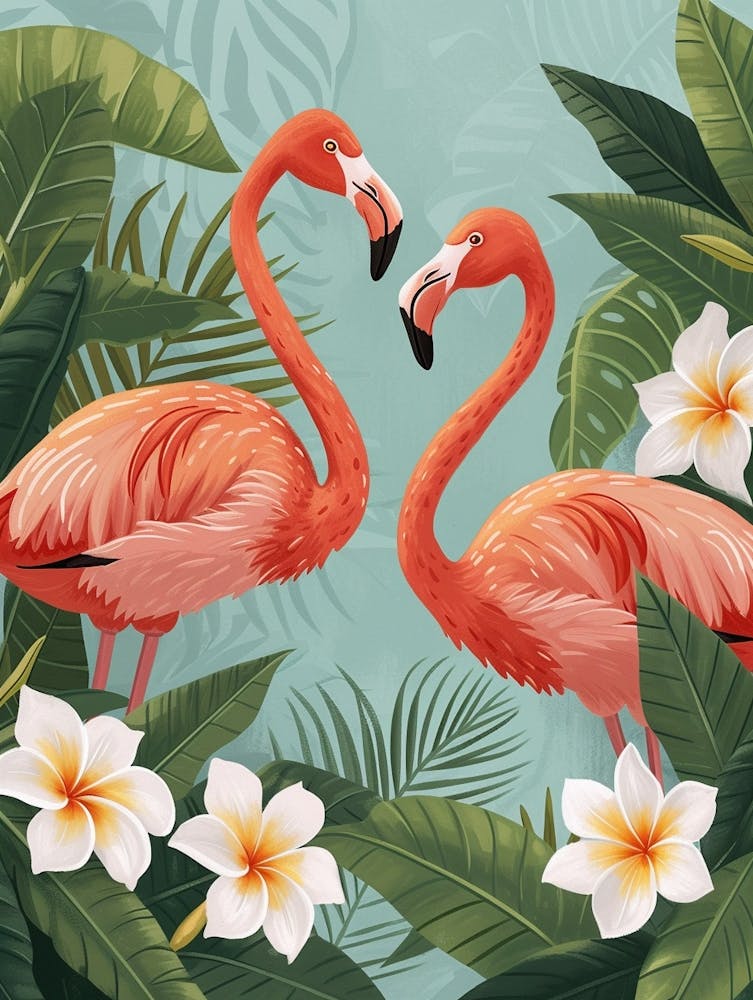 Lesser Flamingo And Plumeria Minimalist Illustration 3