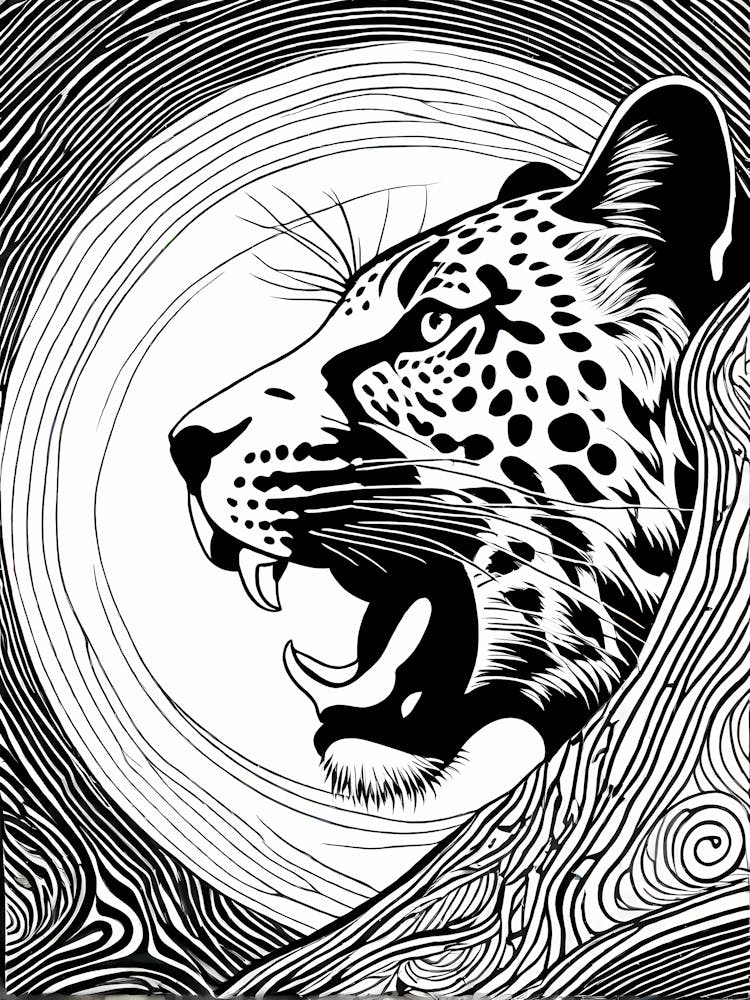 Jaguar Lino cut Black And White, animal art, 163