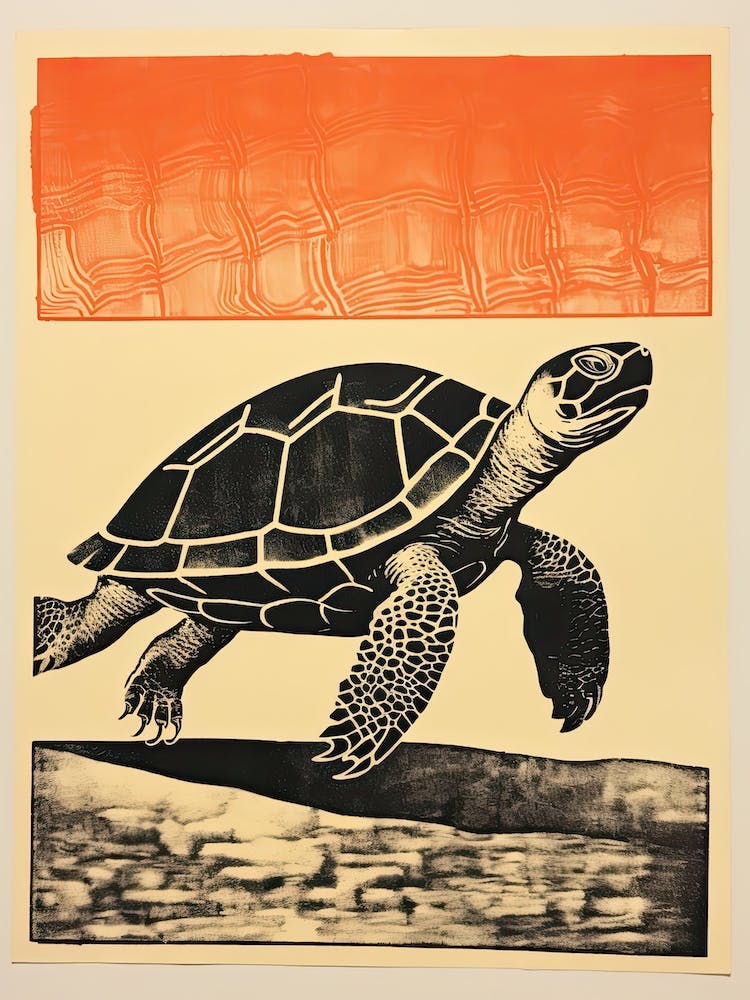 Turtle, Woodblock Animal  Drawing 1
