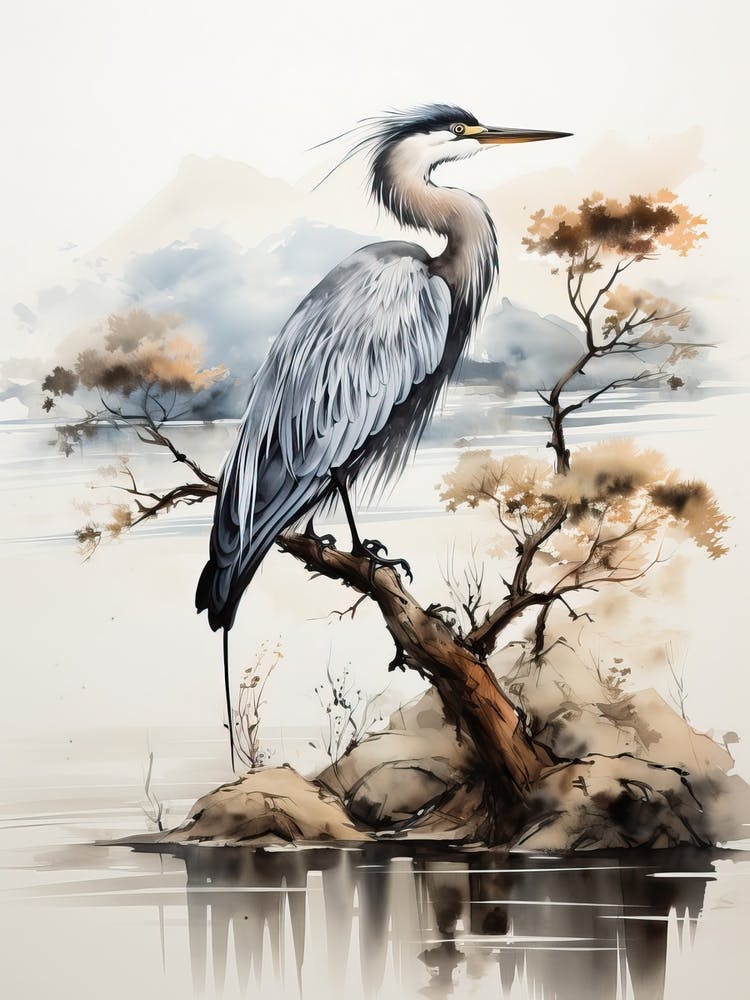 A Crane, Japanese Brush Painting, Ukiyo E, Minimal 4
