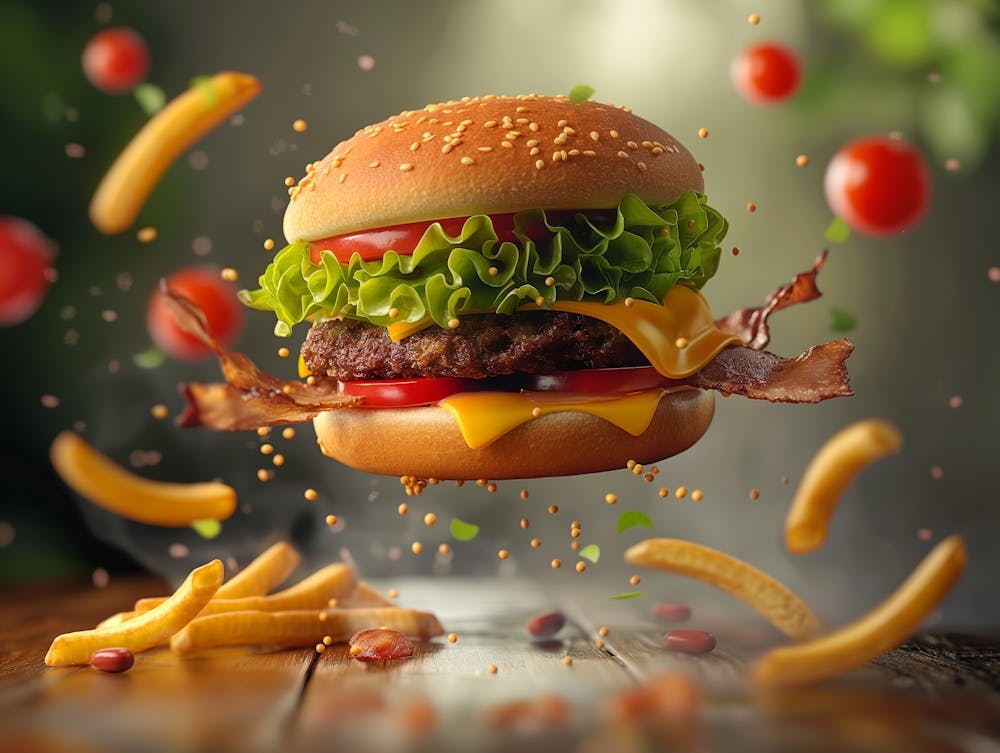 Burger And Fries Floating Weightlessly 1