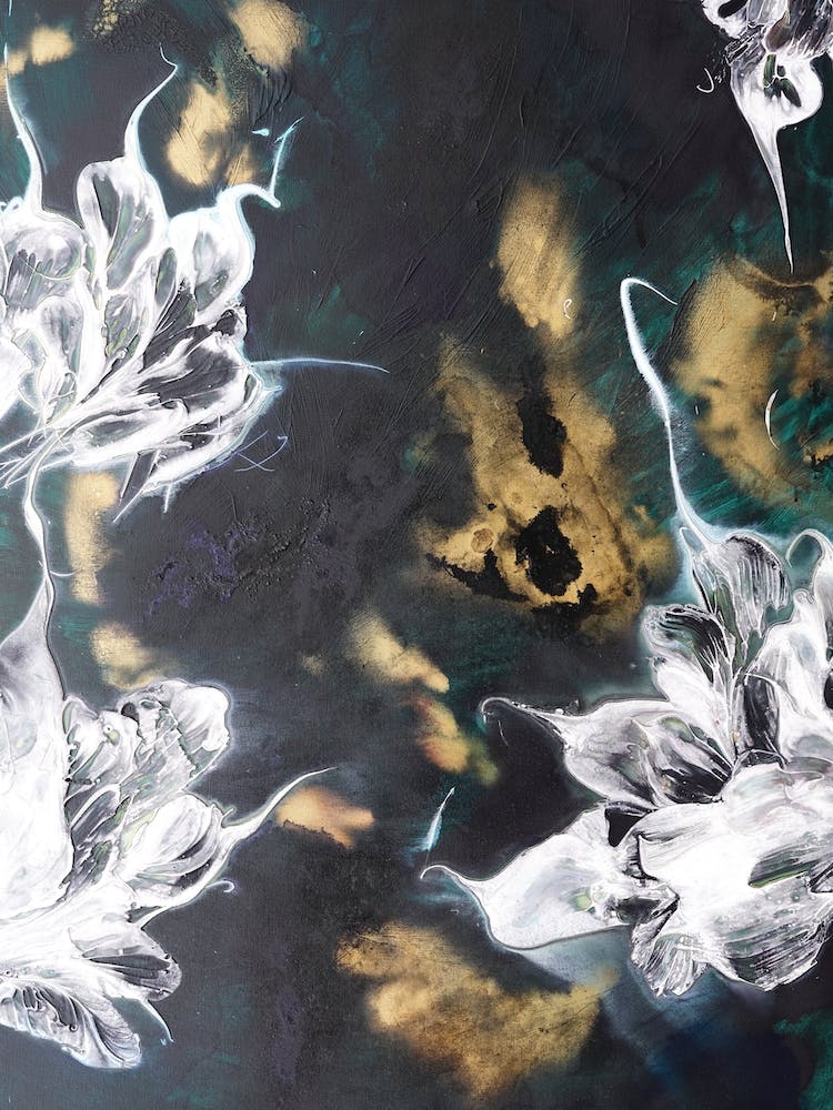 Green Gold And White Flowers Painting 2