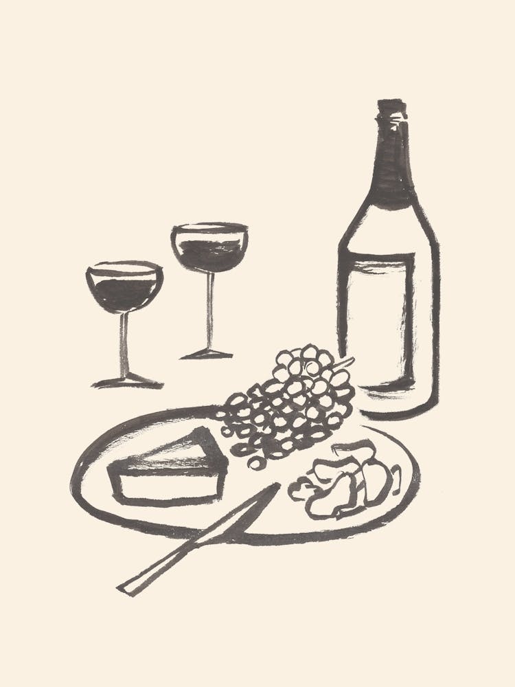 Wine and Cheese Aperitif Kitchen Illustration - Monochrome