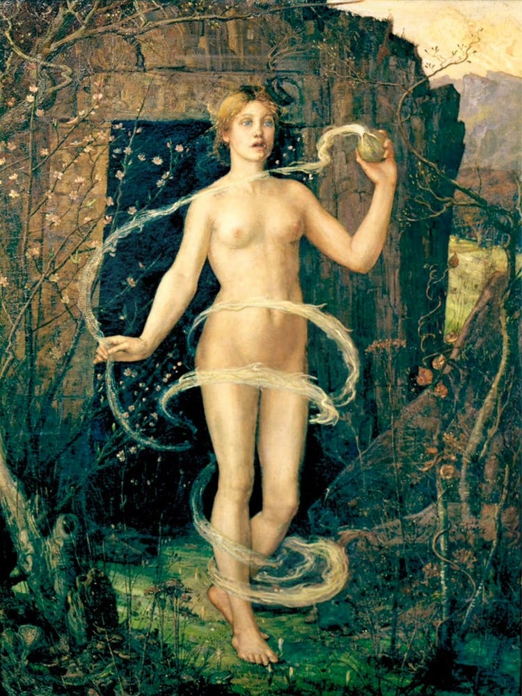 The Spring Witch 1880 by George Wilson - Witchcraft Pagan Mythological Nude Oil Painting Magical Legend Dreamy Green Flowers Vintage Famous Portal Cave