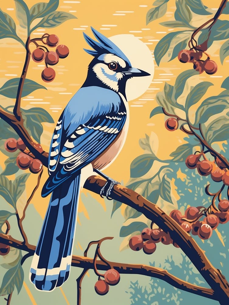 Vintage Bird Linocut Blue Jay 6