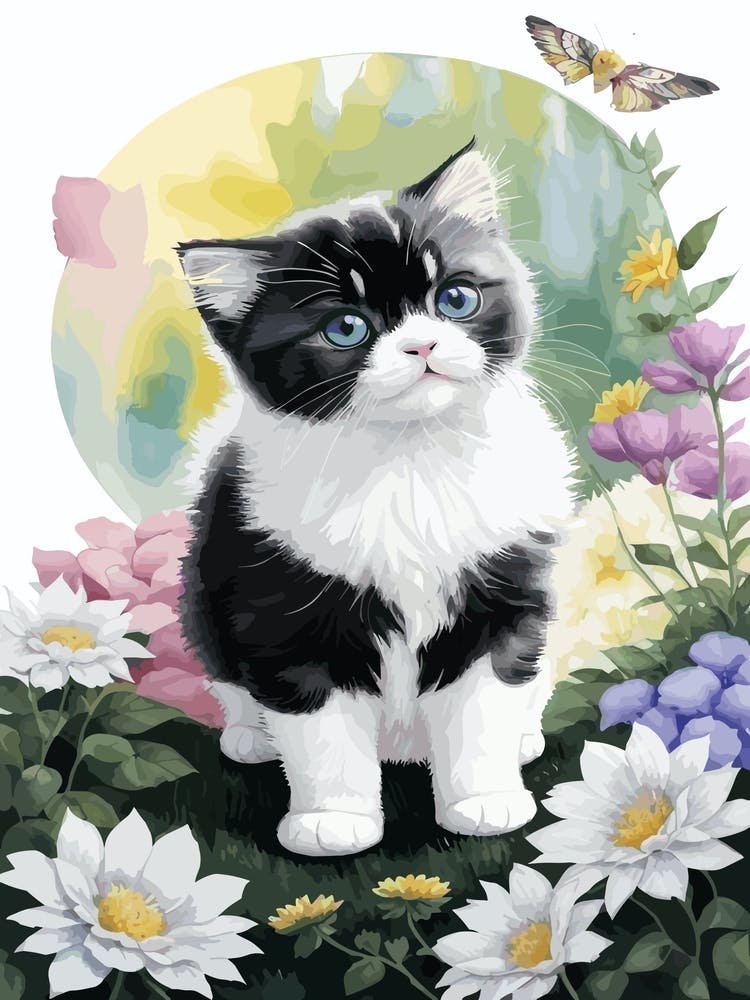 Cute Kitten And Flowers Watercolor 2