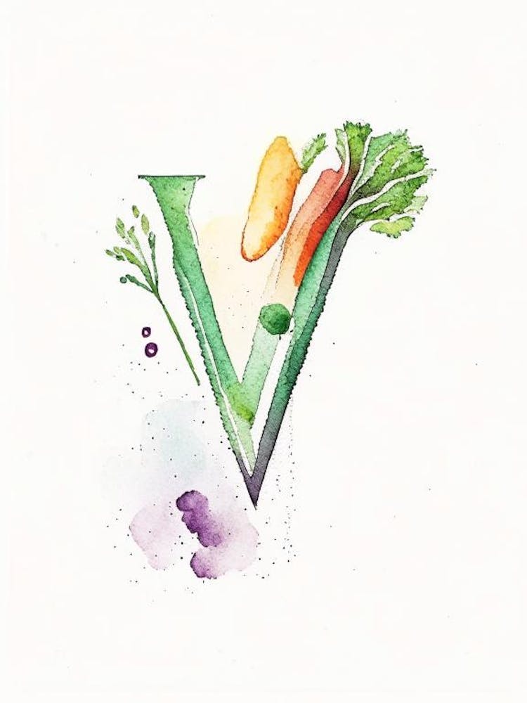 V  For Vegetables, Letter, Alphabet Minimalist Watercolour 1