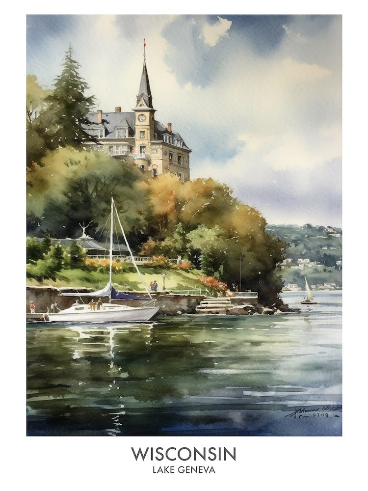 Lake Geneva, Wisconsin 2 Watercolor Travel Poster