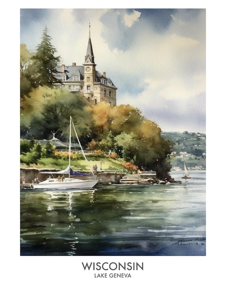 Lake Geneva, Wisconsin 2 Watercolor Travel Poster