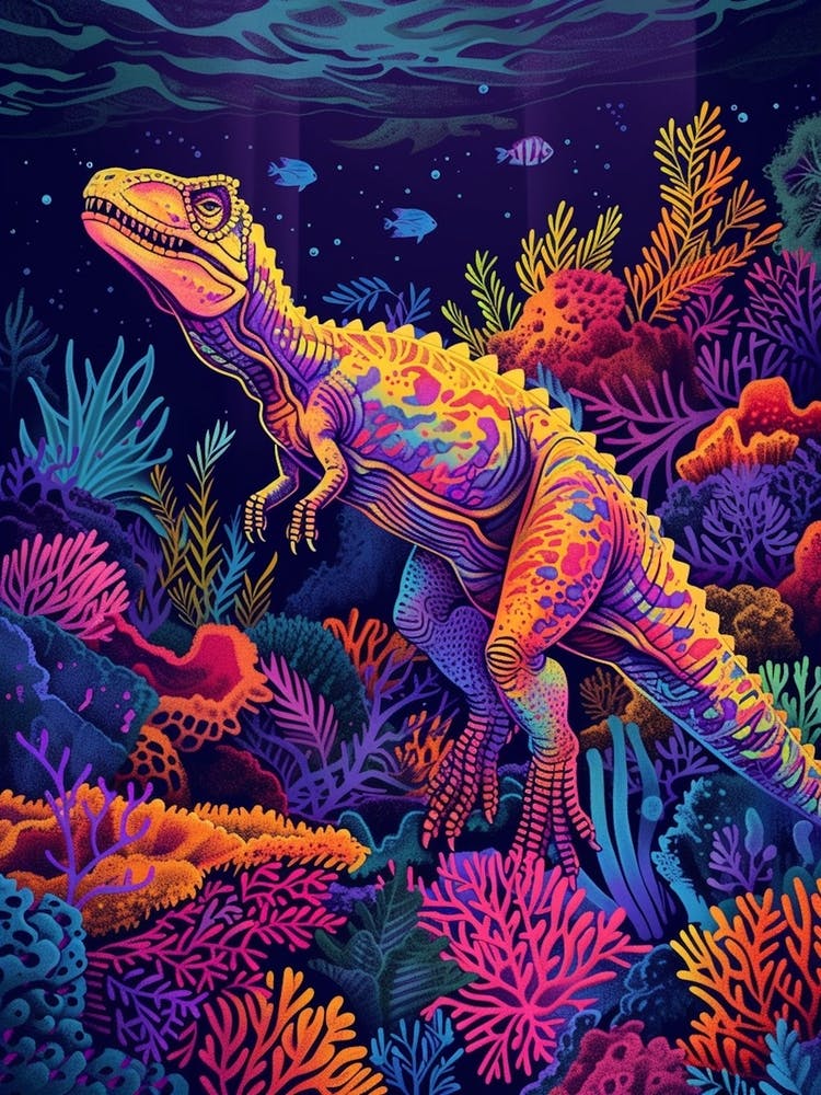 Neon Underwater Dinosaur With Coral
