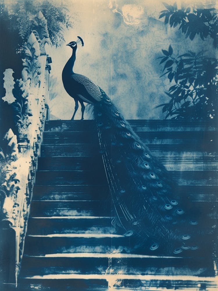 Peacock Feathers On Steps Cyanotype Inspired