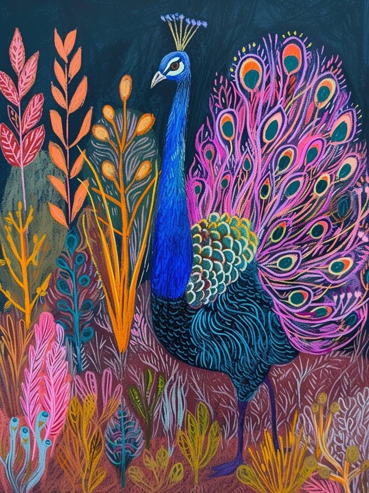 Folky Peacock In The Garden With Patterns 3