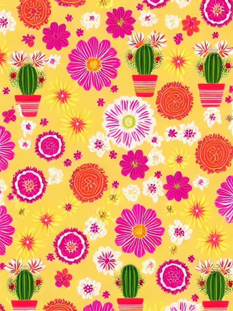 Cactus Flower Floral Print Retro Pattern 2 Flower