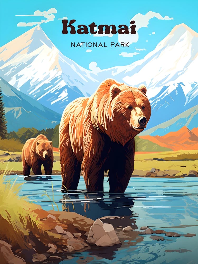 Katmai National Park Alaska Wildlife Travel Art Illustration