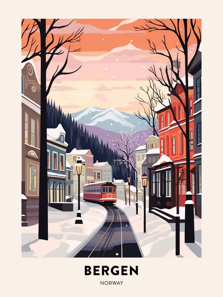 Vintage Winter Travel Poster Bergen Norway 1