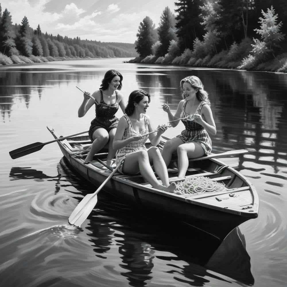 Eating Pasta on a Lake, Three Women On Raft, Funny Black and White Vintage Photo 2