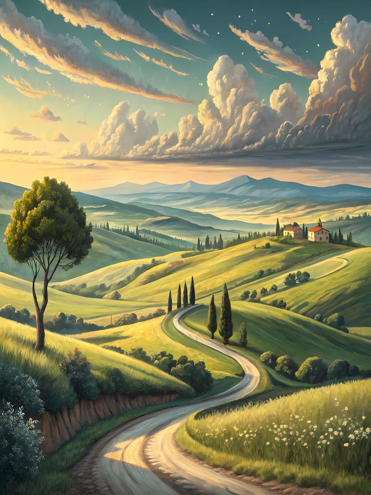 Peaceful Rolling Countryside Landscape Oil Painting