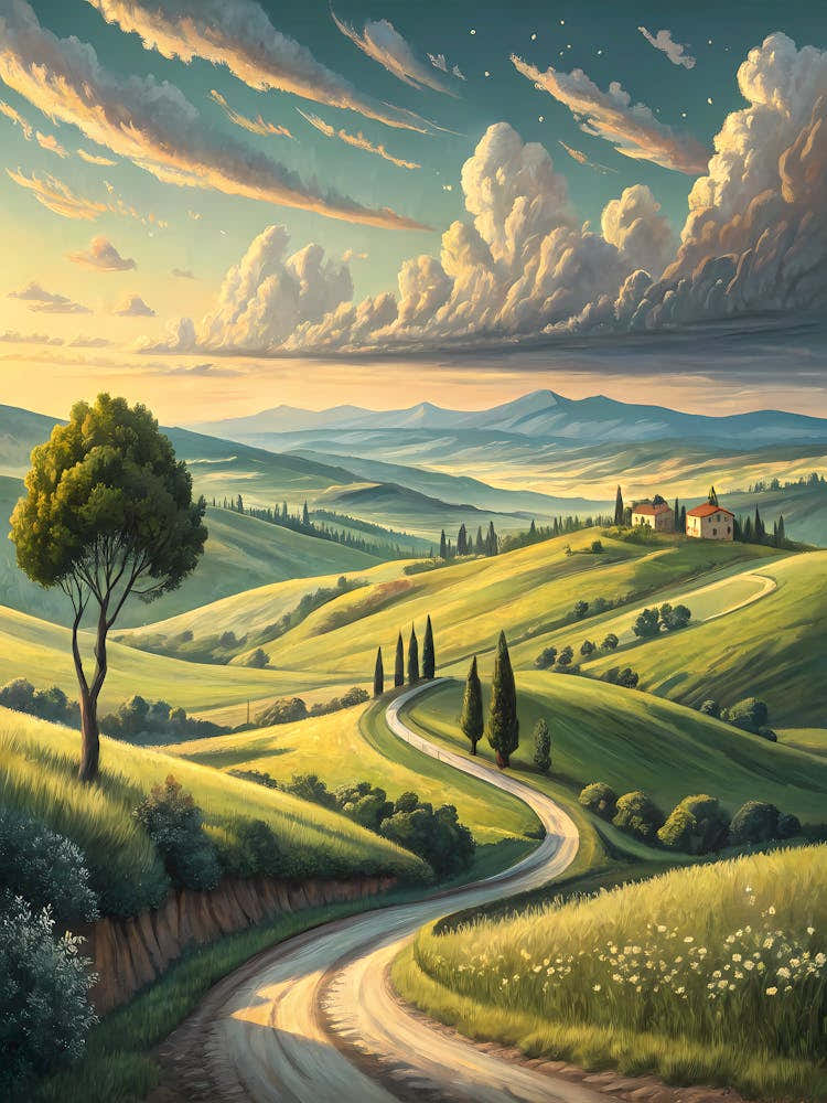 Peaceful Rolling Countryside Landscape Oil Painting