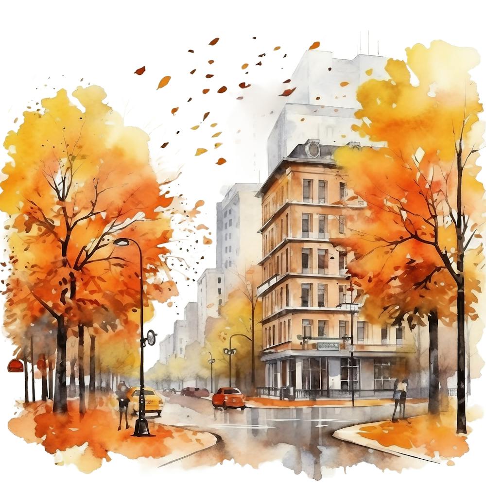Watercolor Autumn City Street