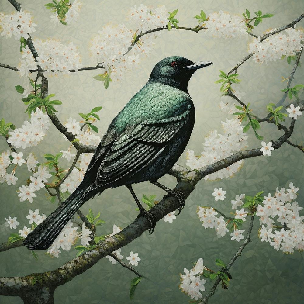 Ohara Koson Inspired Bird Painting Blackbird 2 Copy Square