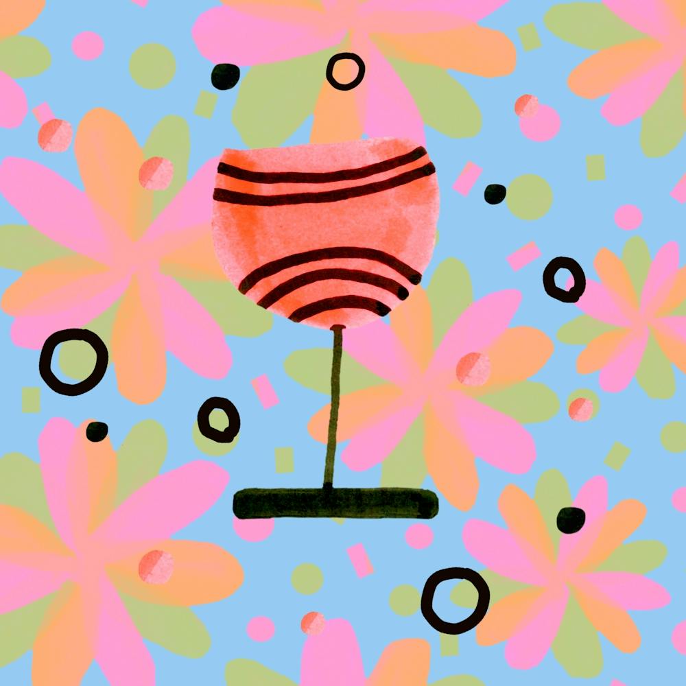 Wine Glass Coral On Retro Floral