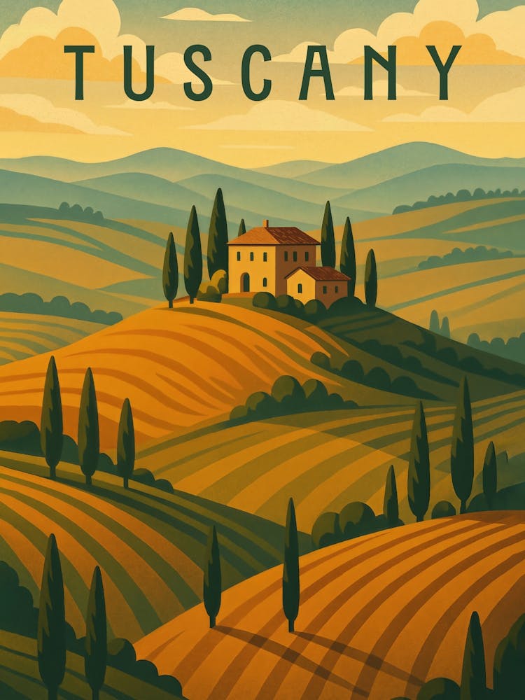Tuscany Travel Poster Italy – Rolling Hills & Cypress Roads: Golden fields, winding paths, and Italian farmhouses – this travel poster captures the soul of Tuscany. A romantic blend of wine country, nature, and European serenity framed in a scenic country