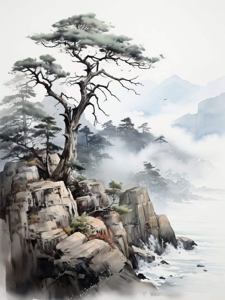 Tojinbo Cliffs In Fukui, Japanese Brush Painting, Ukiyo E, Minimal 1
