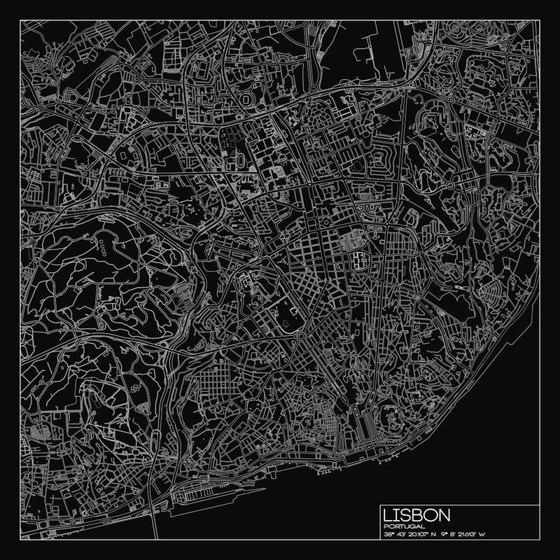 Lisbon, Portugal, City Map White On Black Blueprint Design
