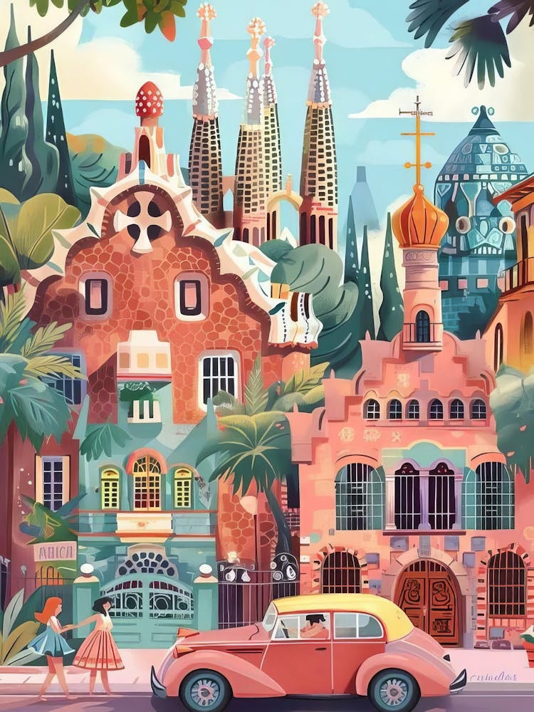 Barcelona Print Barcelona Illustration Spain Travel Poster Sagrada Familia Print Kitchen Wall Art Nursery Pastel Print