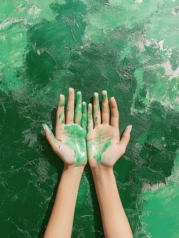 Green Hands Of Young Woman On Green Painting