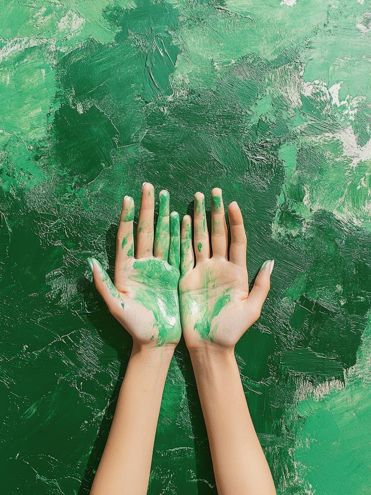 Green Hands Of Young Woman On Green Painting