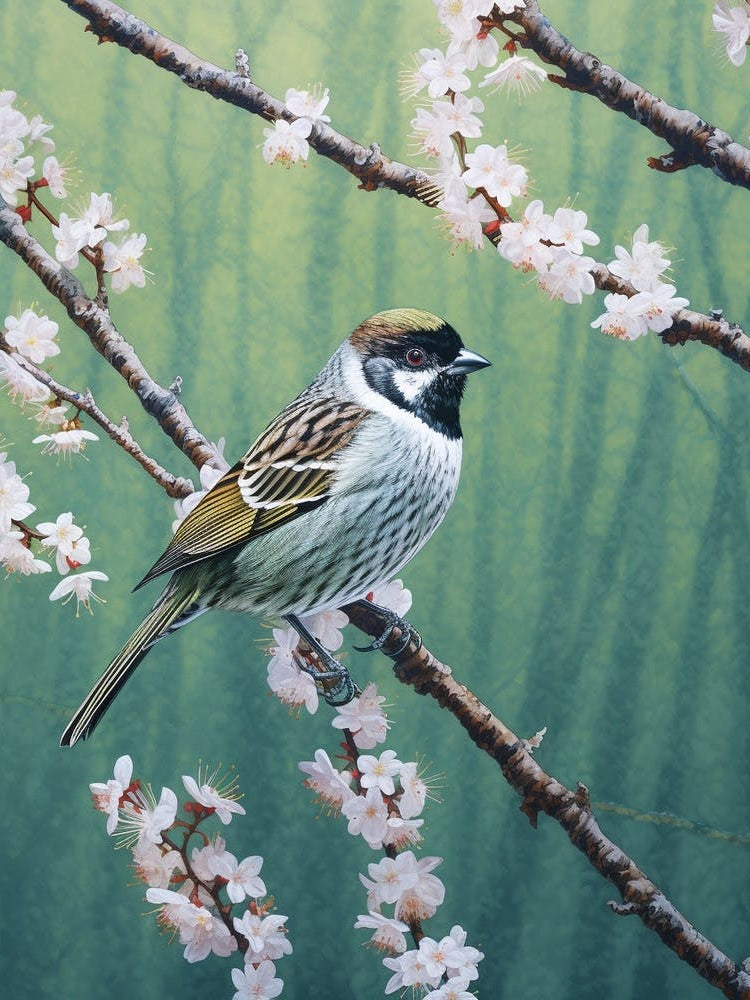 Ohara Koson Inspired Bird Painting Sparrow 1