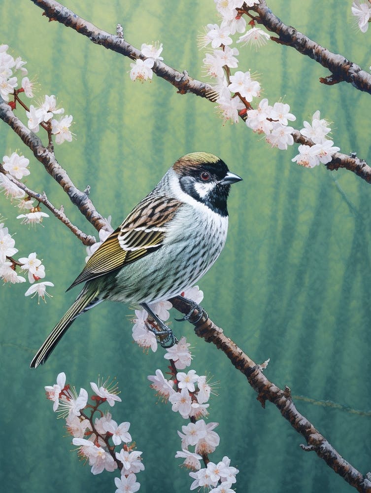 Ohara Koson Inspired Bird Painting Sparrow 1