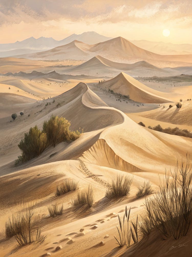 Oil Painting Style Rolling Sand Dunes In Soft