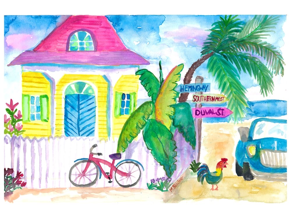 Yellow Conch House Tropical Street Scene