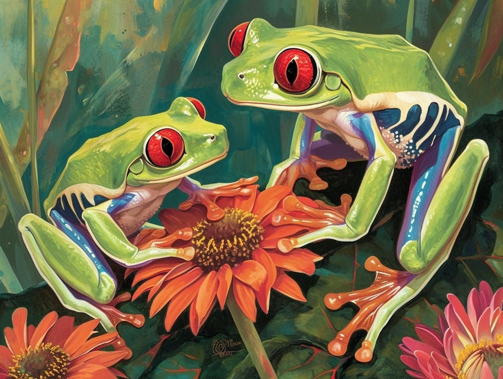 Illustration Animale Florale Grenouille Arboricole aux Yeux Rouges 4