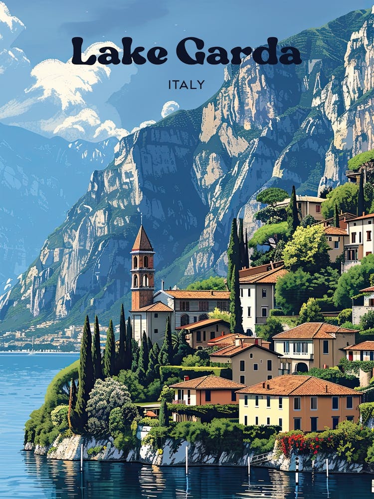 Lake Garda Italy Vibrant Digital Travel Illustration