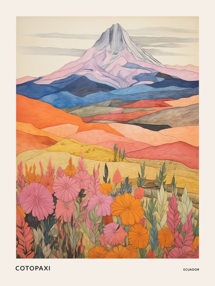 Cotopaxi Ecuador 2 Colourful Mountain Illustration Poster
