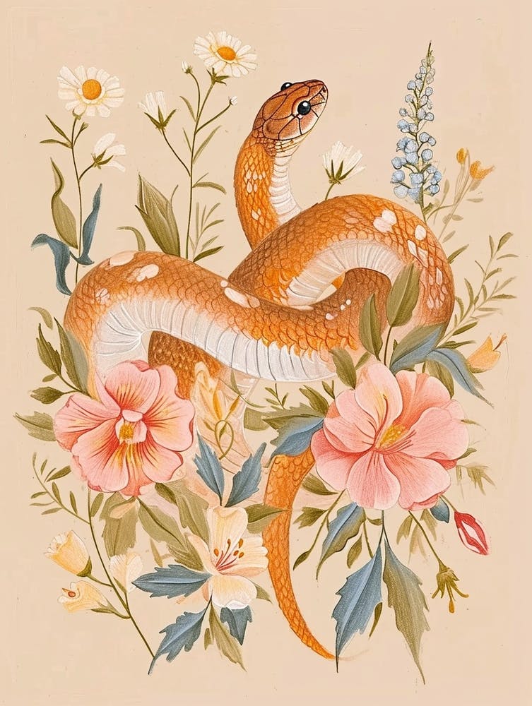 Folksy Floral Animal Drawing Snake 3