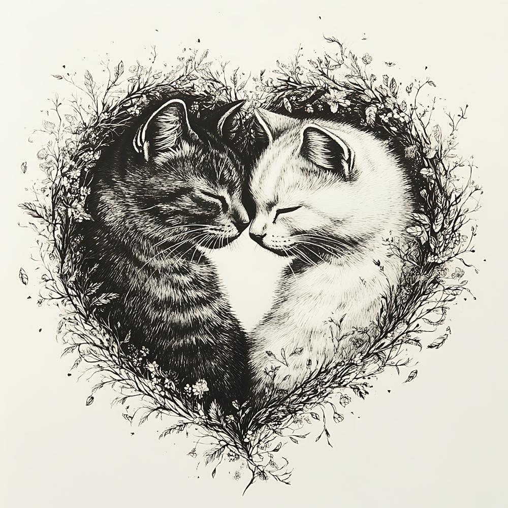 Delicate Ink Drawing of Cats Love Heart 1