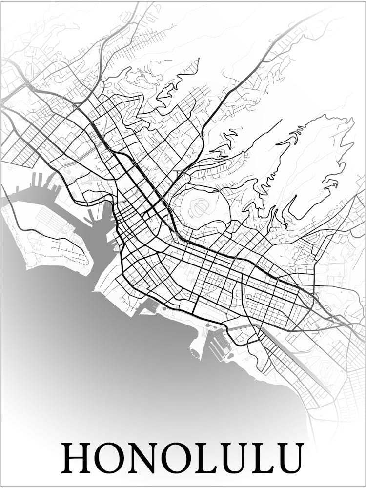 Honolulu, Hawaii, United States, City Map, Black And White Fade Design 1