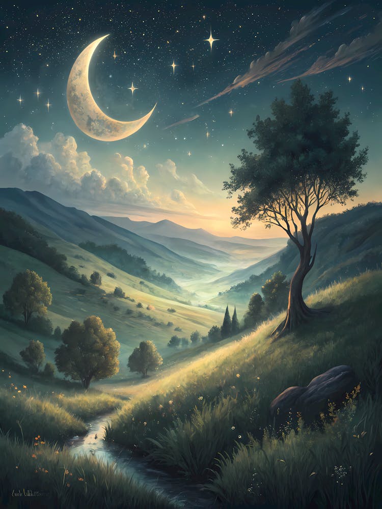 Serene Moonlit Valley Landscape Oil Painting