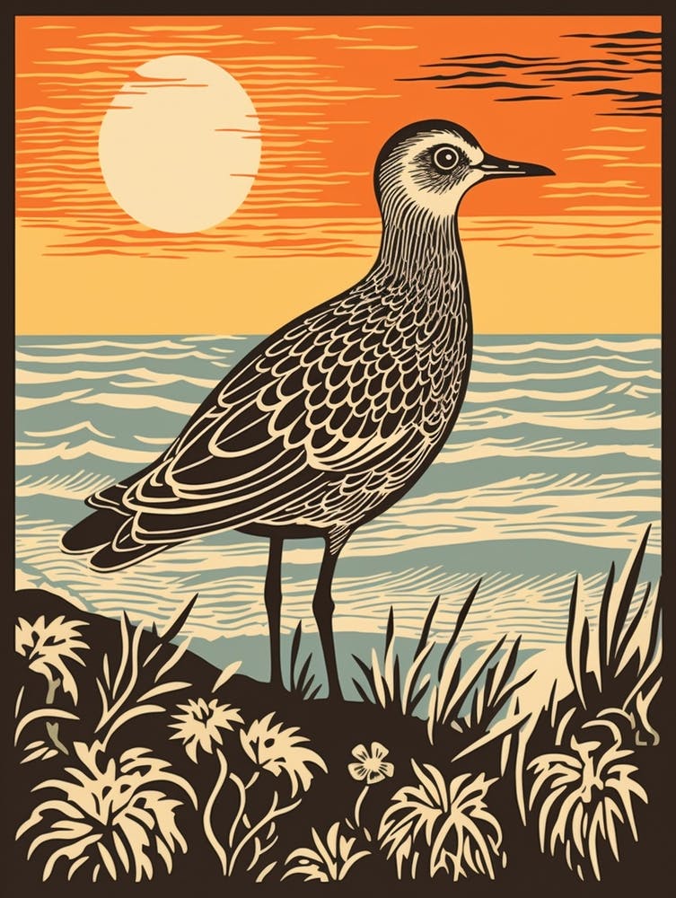 Vintage Bird Linocut Grey Plover 3