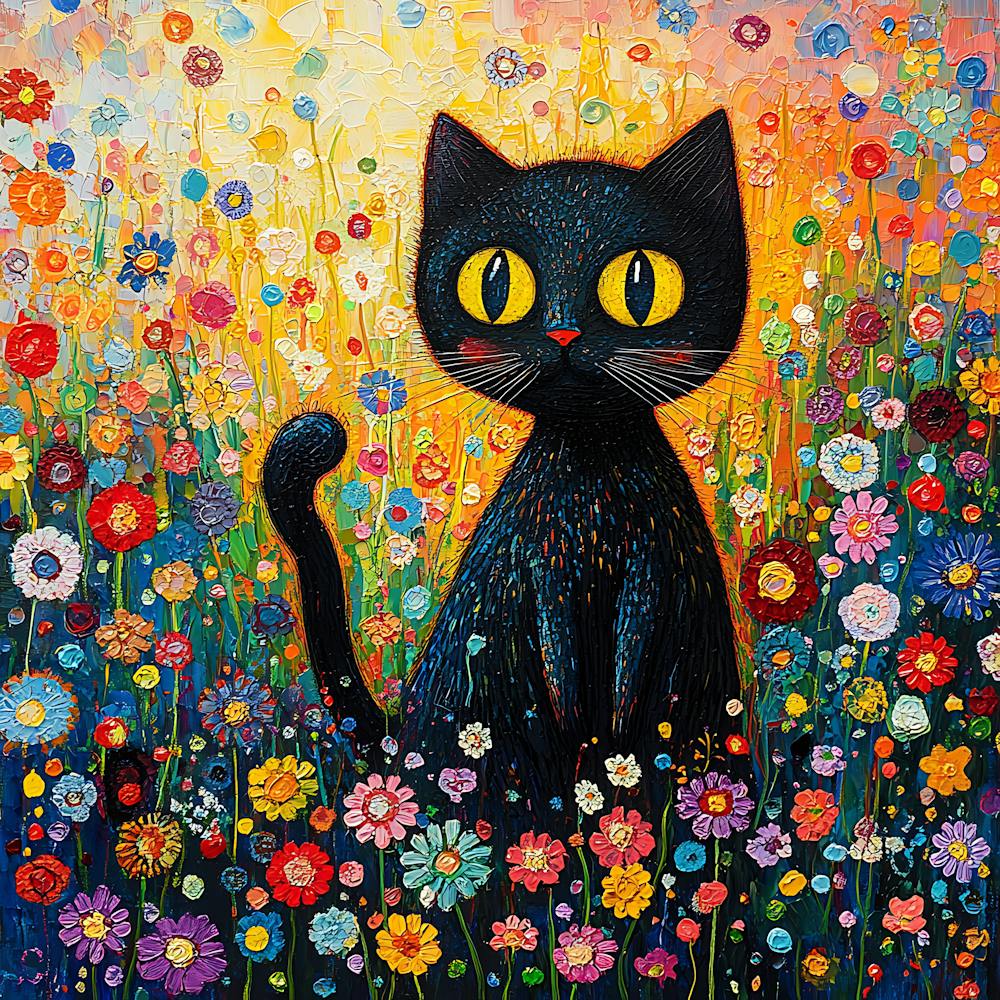 Black Cat In A Flower Field 1