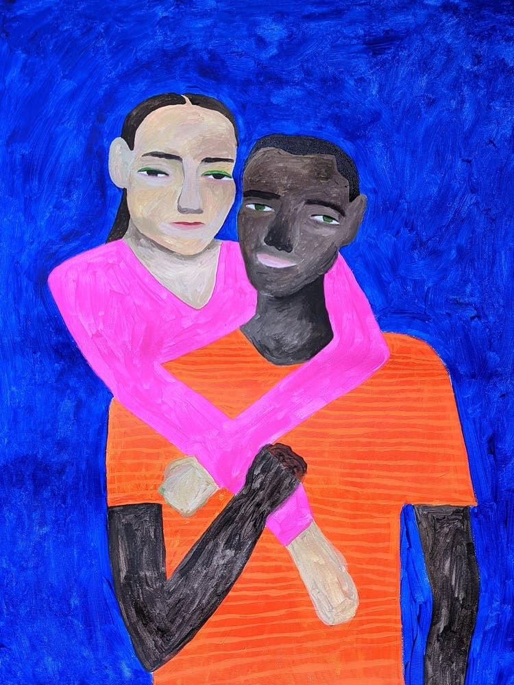Portrait of two people on a blue background